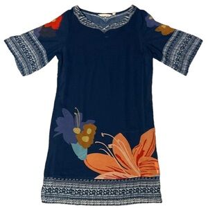 Soft Surroundings Navy Floral Shift Dress with Orange & Purple Accents
